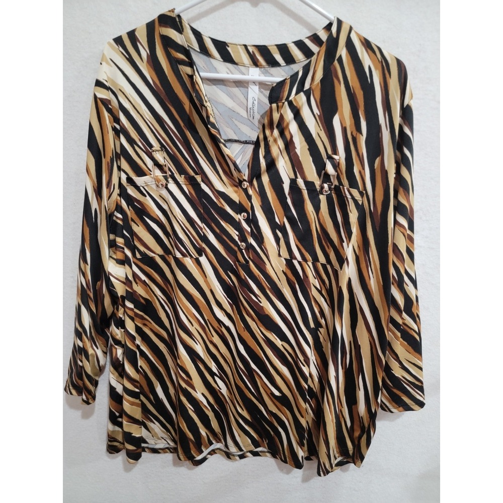 NY Collection Woman 2X Tiger Print Blouse Hardware Pocket Roll Tab‎ Sleeve Top
